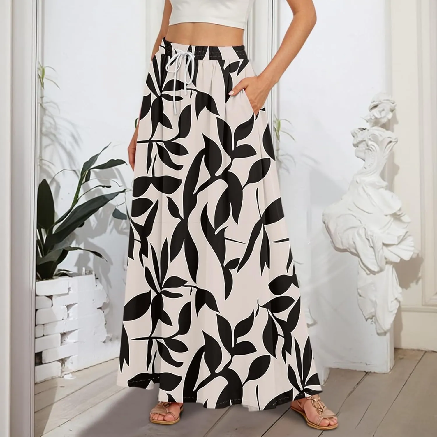 Women's Boho Floral Print Elastic Waist Beach Resort A Line Maxi Skirt with Pocket, S-2XL