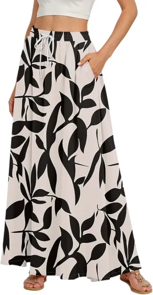 Women's Boho Floral Print Elastic Waist Beach Resort A Line Maxi Skirt with Pocket, S-2XL