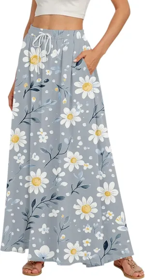 Women's Boho Floral Print Elastic Waist Beach Resort A Line Maxi Skirt with Pocket, S-2XL