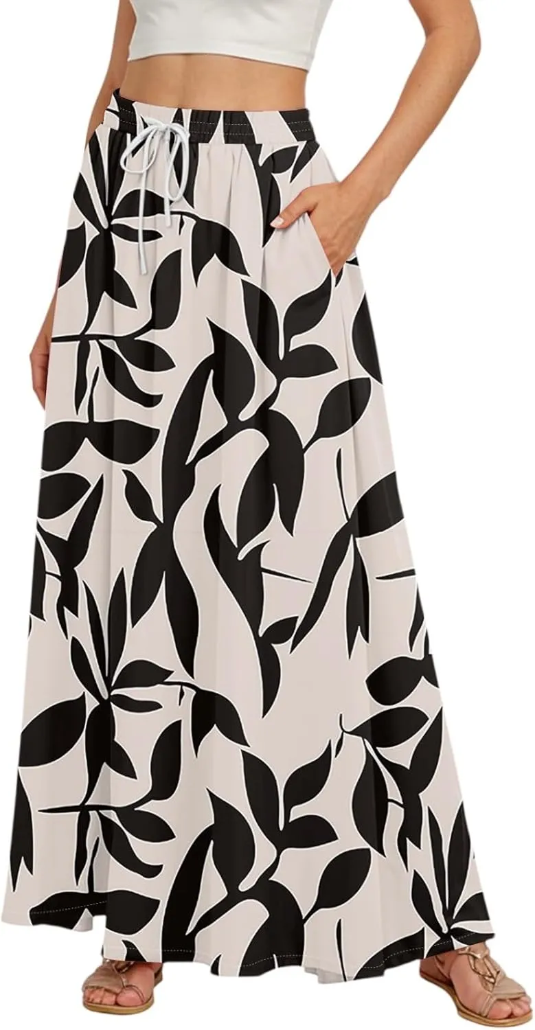 Women's Boho Floral Print Elastic Waist Beach Resort A Line Maxi Skirt with Pocket, S-2XL