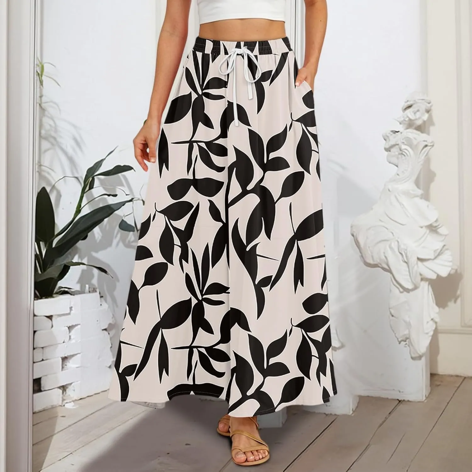 Women's Boho Floral Print Elastic Waist Beach Resort A Line Maxi Skirt with Pocket, S-2XL