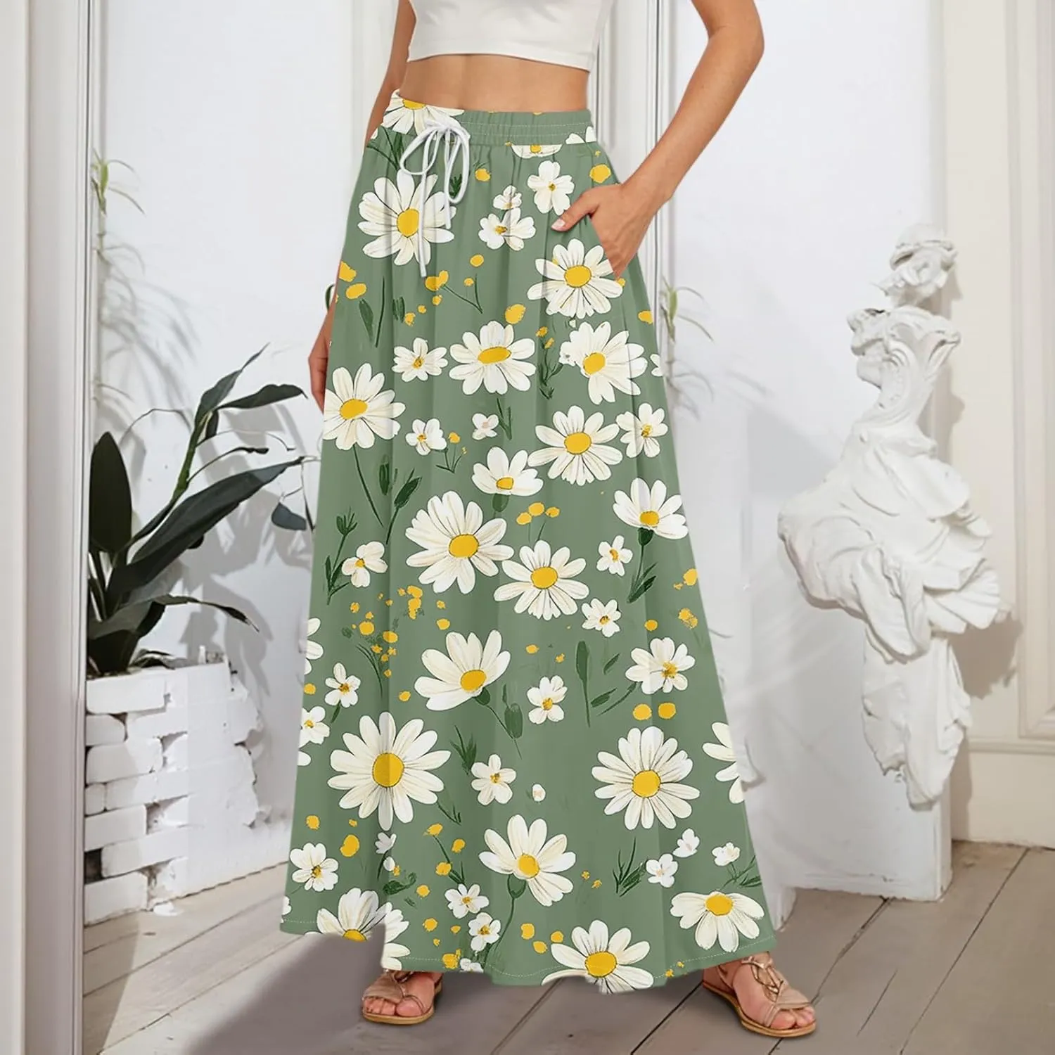 Women's Boho Floral Print Elastic Waist Beach Resort A Line Maxi Skirt with Pocket, S-2XL
