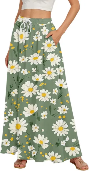 Women's Boho Floral Print Elastic Waist Beach Resort A Line Maxi Skirt with Pocket, S-2XL