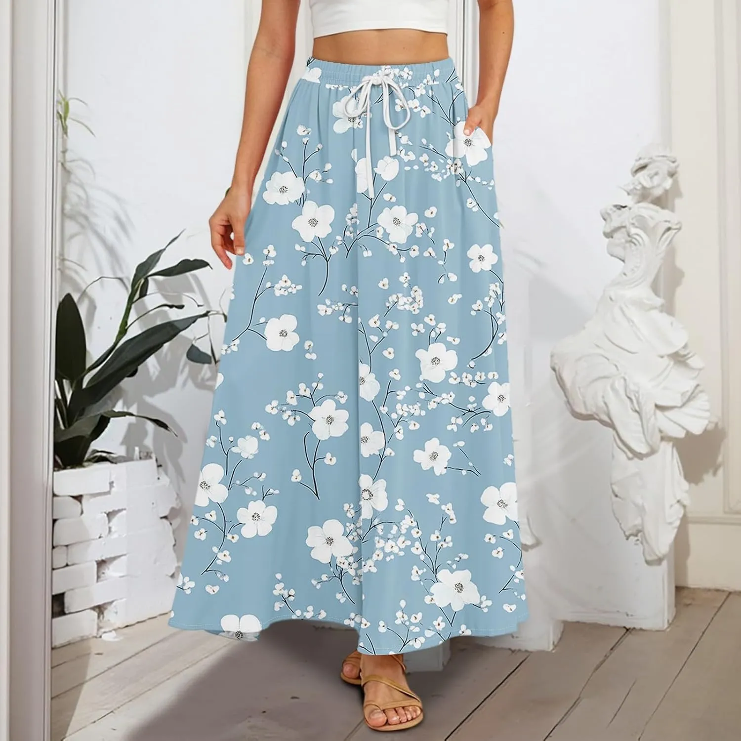 Women's Boho Floral Print Elastic Waist Beach Resort A Line Maxi Skirt with Pocket, S-2XL