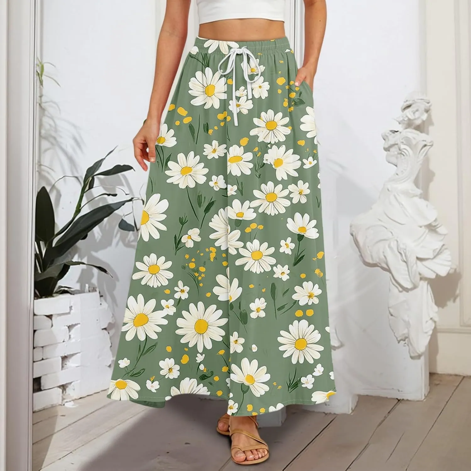 Women's Boho Floral Print Elastic Waist Beach Resort A Line Maxi Skirt with Pocket, S-2XL