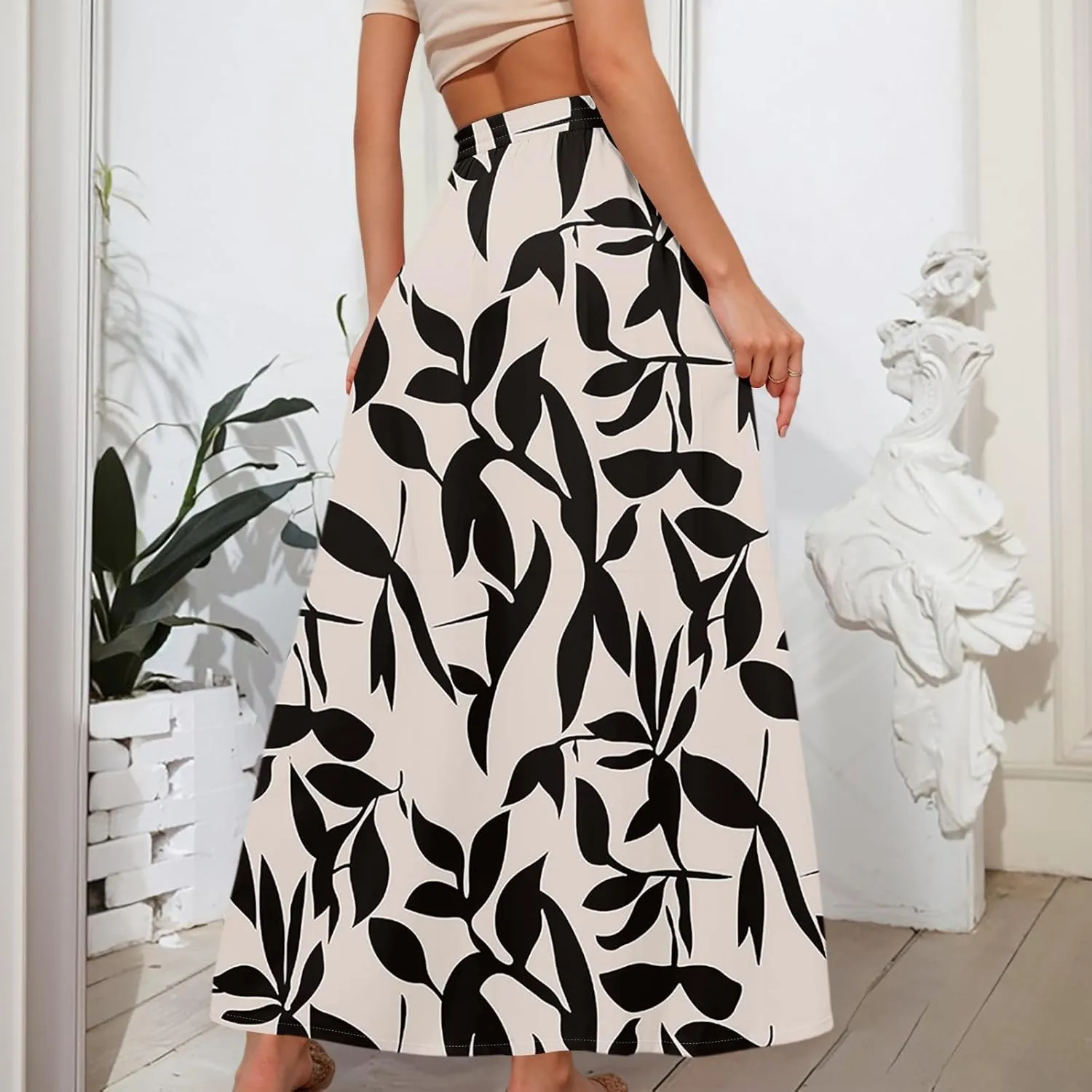 Women's Boho Floral Print Elastic Waist Beach Resort A Line Maxi Skirt with Pocket, S-2XL