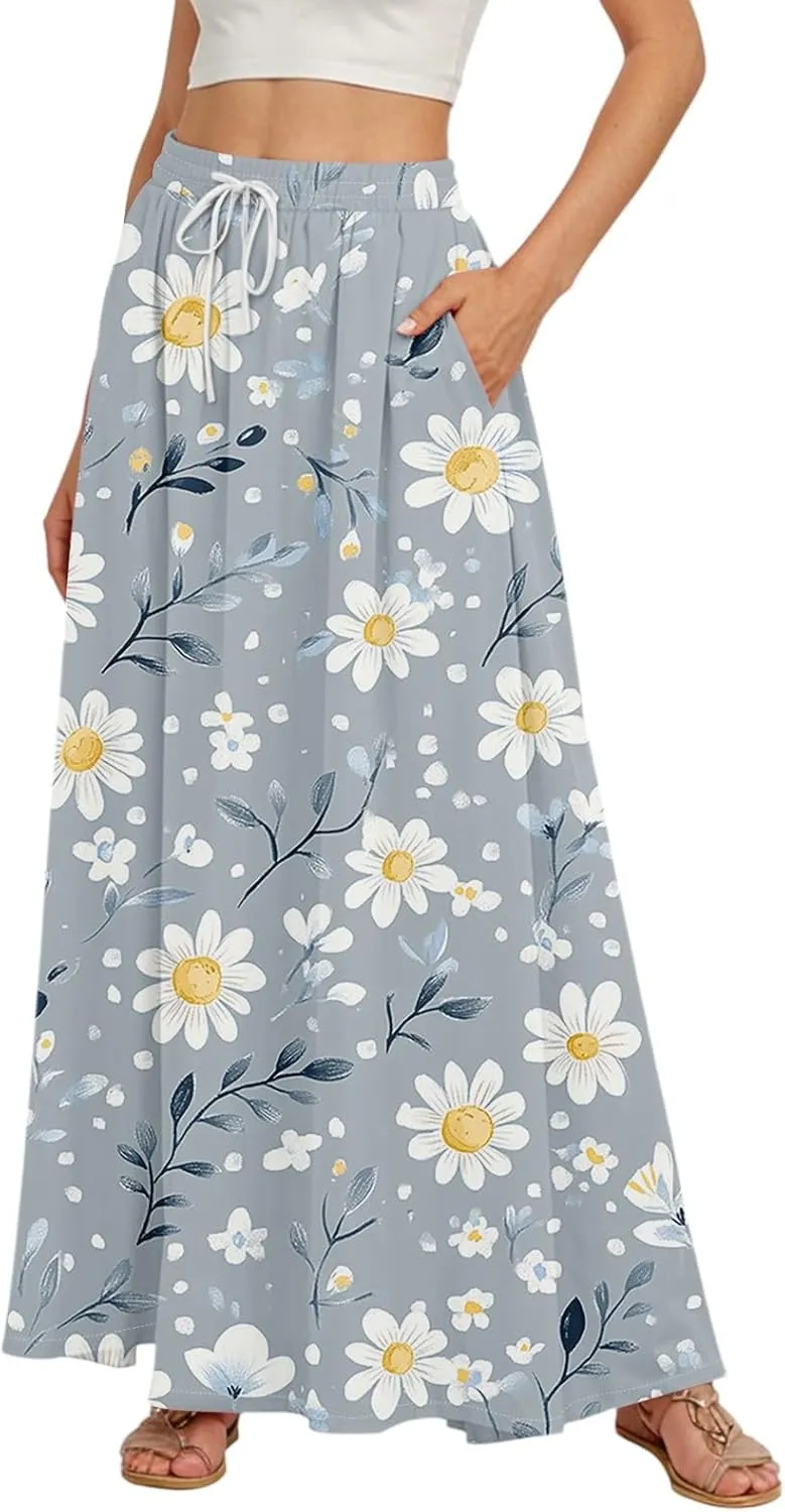 Women's Boho Floral Print Elastic Waist Beach Resort A Line Maxi Skirt with Pocket, S-2XL