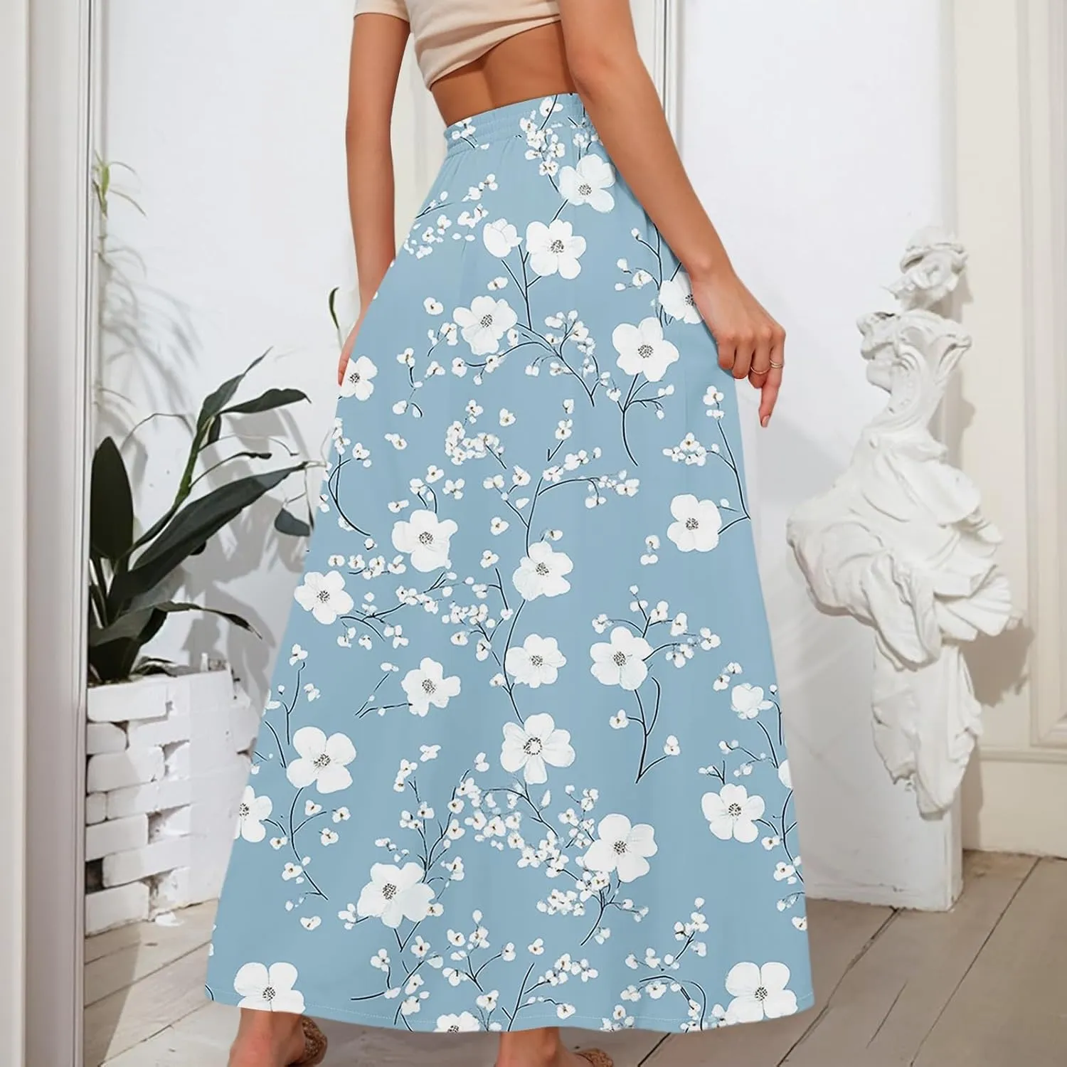 Women's Boho Floral Print Elastic Waist Beach Resort A Line Maxi Skirt with Pocket, S-2XL