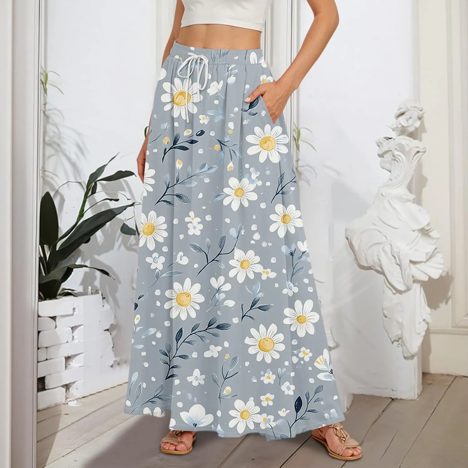 Women's Boho Floral Print Elastic Waist Beach Resort A Line Maxi Skirt with Pocket, S-2XL