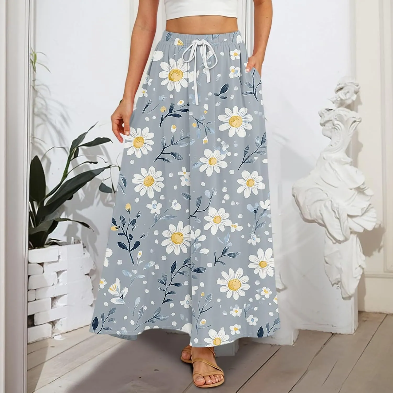 Women's Boho Floral Print Elastic Waist Beach Resort A Line Maxi Skirt with Pocket, S-2XL