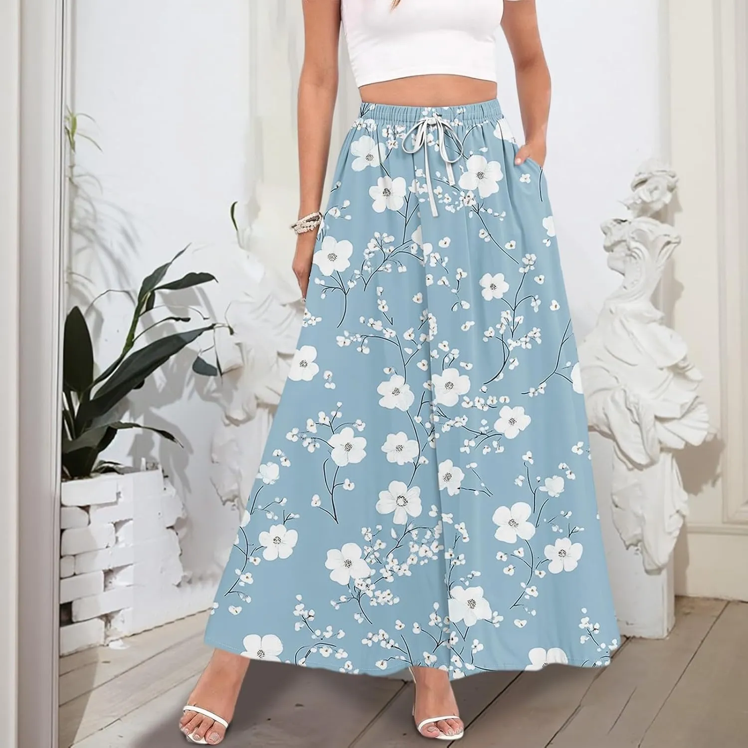 Women's Boho Floral Print Elastic Waist Beach Resort A Line Maxi Skirt with Pocket, S-2XL
