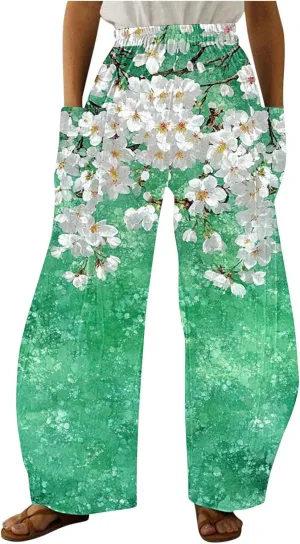 Womens Boho Pants with Pockets Fashion Vintage Floral Printed Wide Leg Elastic Waisted Casual Baggy Lightweight Pant