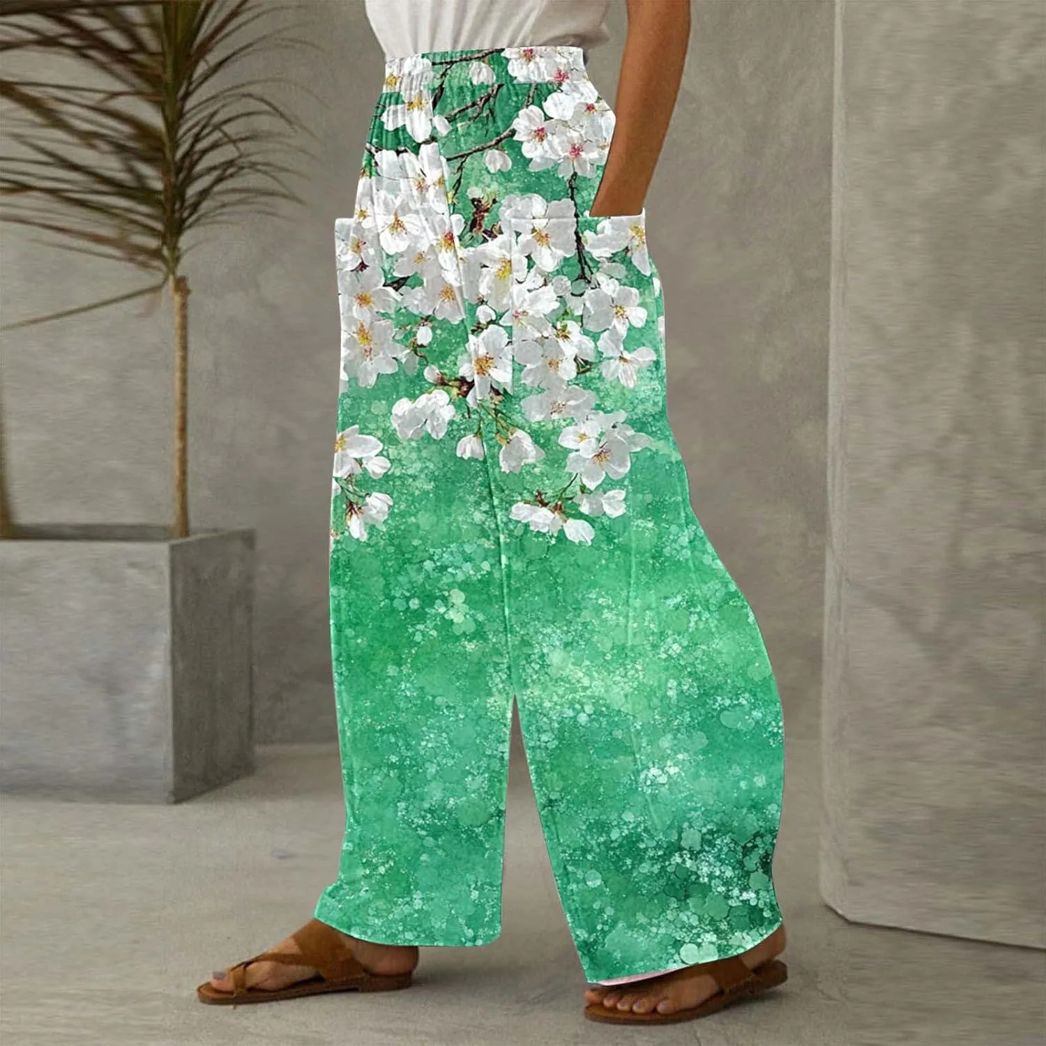 Womens Boho Pants with Pockets Fashion Vintage Floral Printed Wide Leg Elastic Waisted Casual Baggy Lightweight Pant