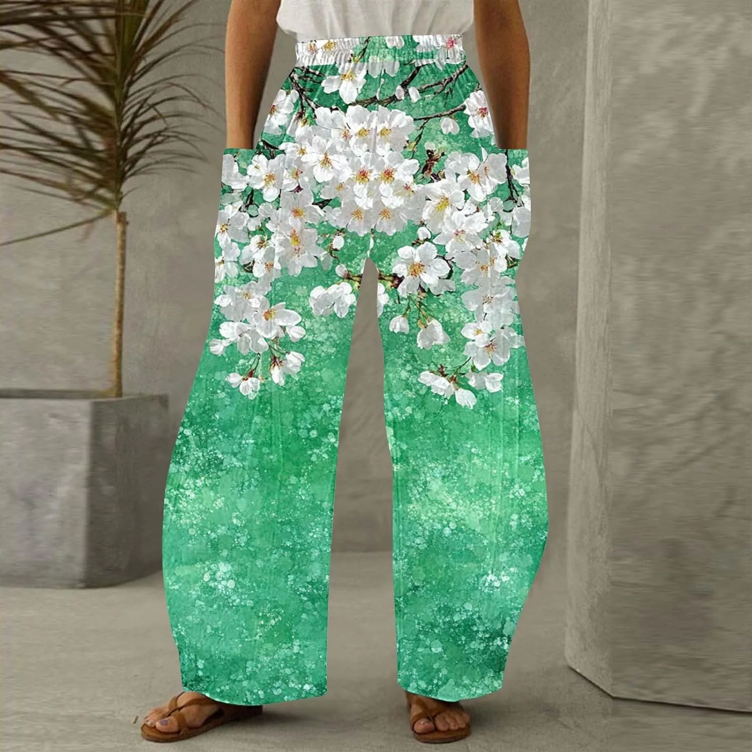 Womens Boho Pants with Pockets Fashion Vintage Floral Printed Wide Leg Elastic Waisted Casual Baggy Lightweight Pant