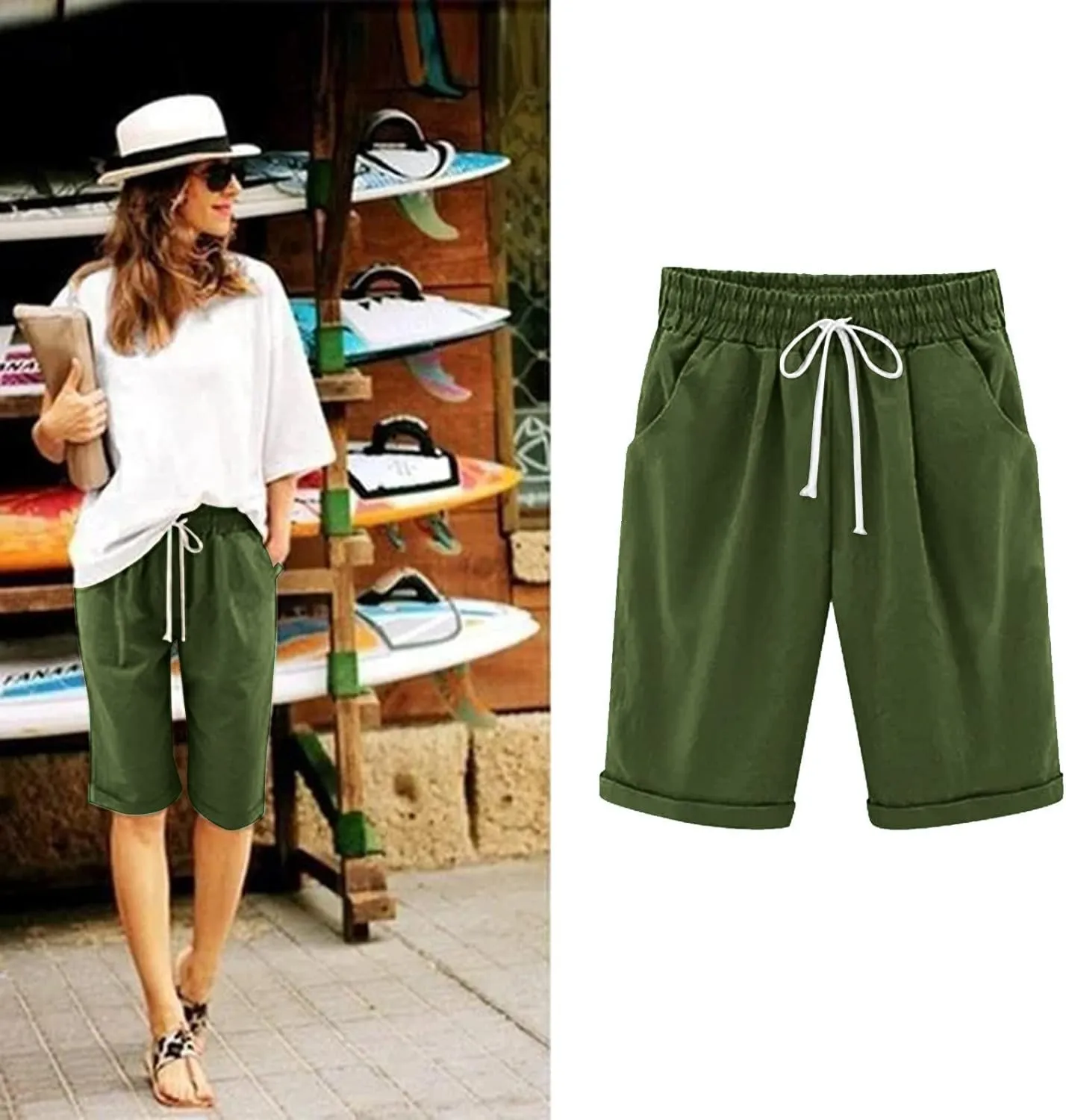 Women's Cargo Shorts Summer High Waisted Bermuda Shorts Casual Trendy Hiking Outfits Knee Length Pant with Pockets