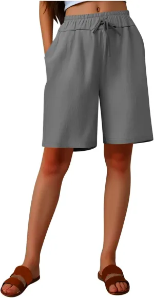 Women's Casual Shorts Elastic Waistband Solid Color Cotton Linen Cargo Short Relaxed Fit Straight Wide Leg Half Pants