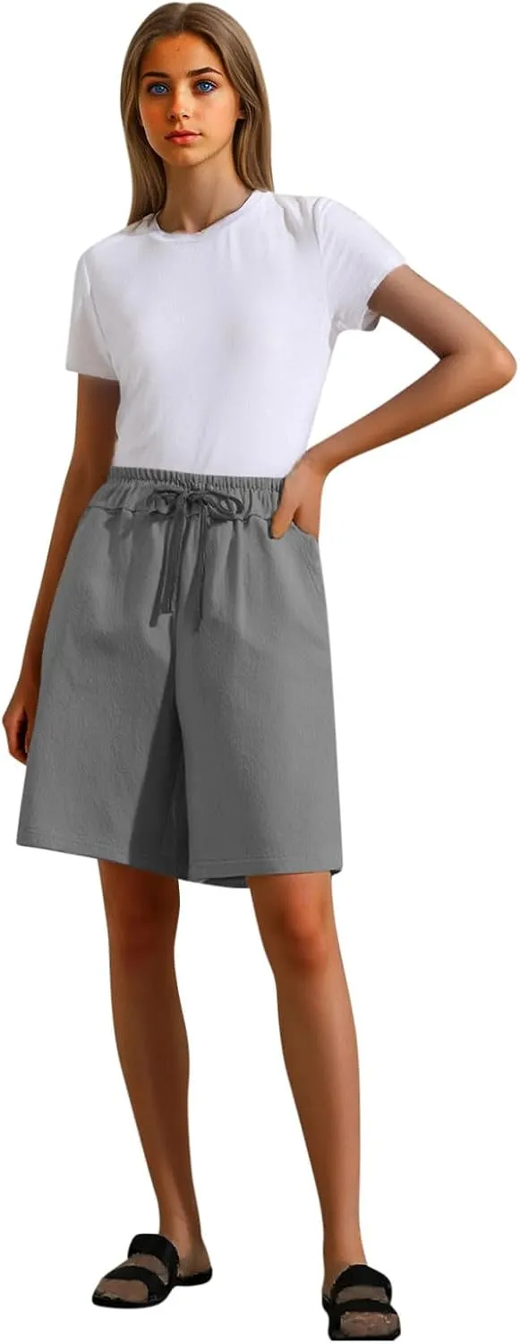 Women's Casual Shorts Elastic Waistband Solid Color Cotton Linen Cargo Short Relaxed Fit Straight Wide Leg Half Pants