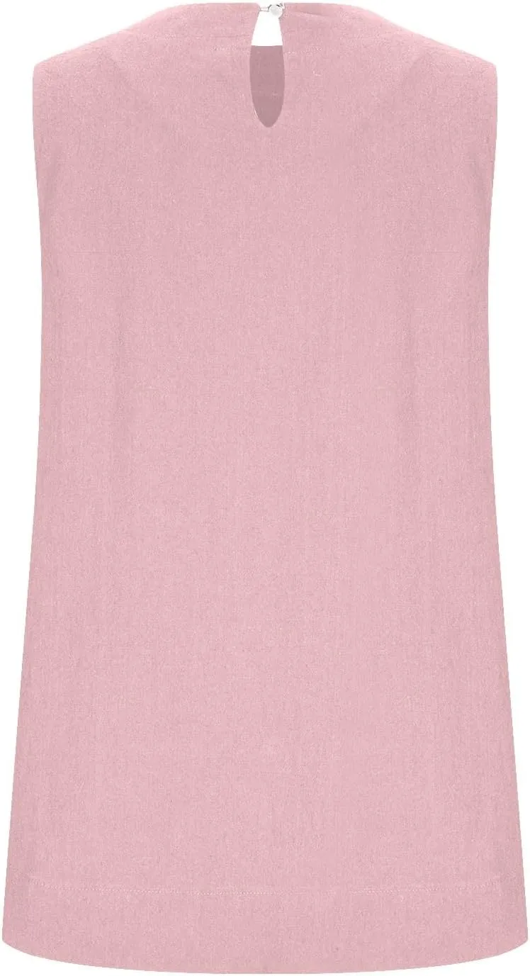 Women's Casual Sleeveless Tank Top Round Neck Loose Fit Solid Color Cotton Linen Blend Camisole Summer Shirts Blouses