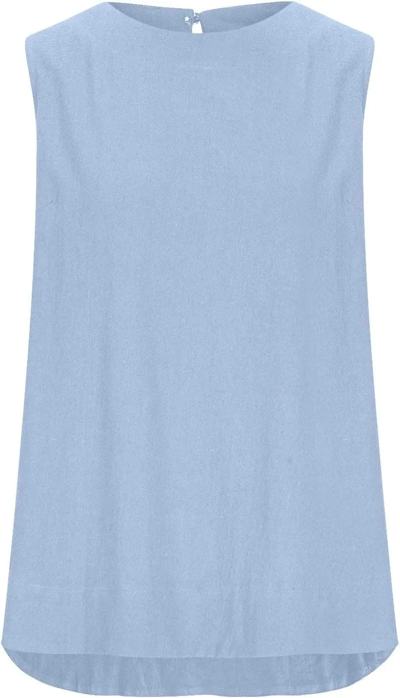 Women's Casual Sleeveless Tank Top Round Neck Loose Fit Solid Color Cotton Linen Blend Camisole Summer Shirts Blouses