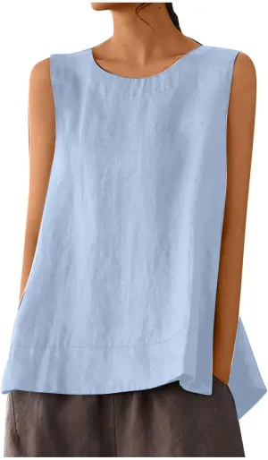 Women's Casual Sleeveless Tank Top Round Neck Loose Fit Solid Color Cotton Linen Blend Camisole Summer Shirts Blouses