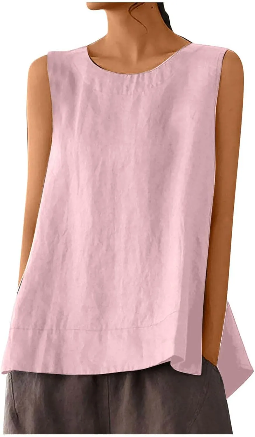 Women's Casual Sleeveless Tank Top Round Neck Loose Fit Solid Color Cotton Linen Blend Camisole Summer Shirts Blouses