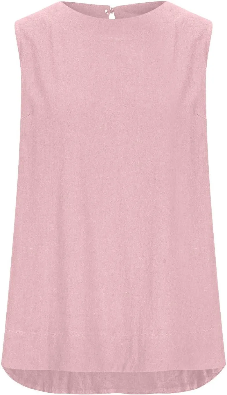 Women's Casual Sleeveless Tank Top Round Neck Loose Fit Solid Color Cotton Linen Blend Camisole Summer Shirts Blouses