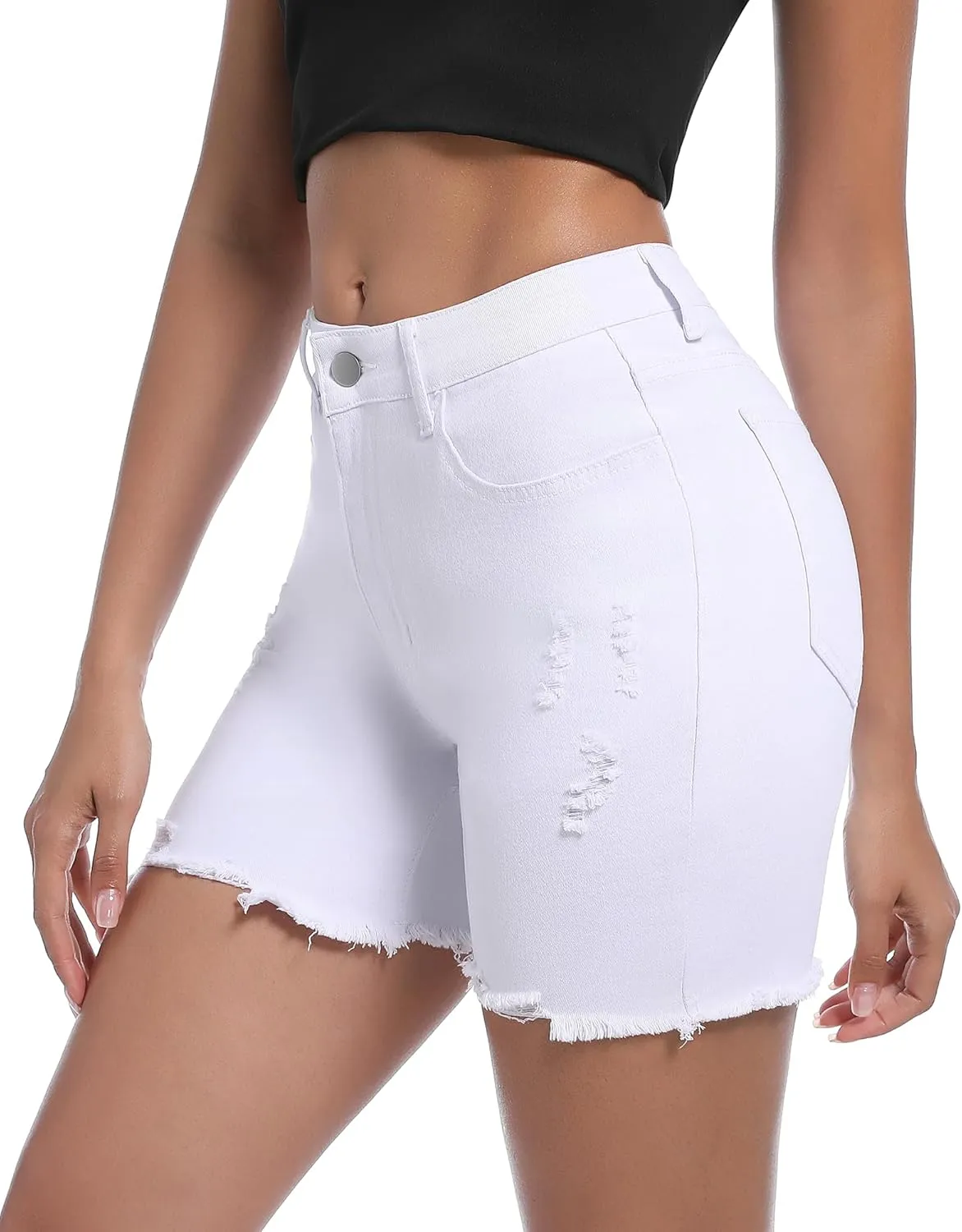 Women’s Casual Summer Ripped High Waisted Denim Shorts Stretch Distressed Frayed Raw Hem Jean Shorts