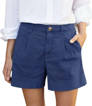 Womens Cotton Linen Shorts Summer Chino Shorts High Waisted Bermuda Shorts Dressy Wide Leg Shorts with Pockets