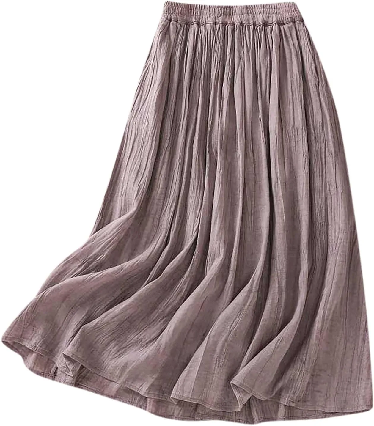 Womens Cotton Linen Skirts Solid Color Casual Pleated Flowy Skirt Lightweight Elastic Waist A-Line Swing Midi Skirts