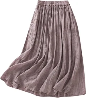 Womens Cotton Linen Skirts Solid Color Casual Pleated Flowy Skirt Lightweight Elastic Waist A-Line Swing Midi Skirts