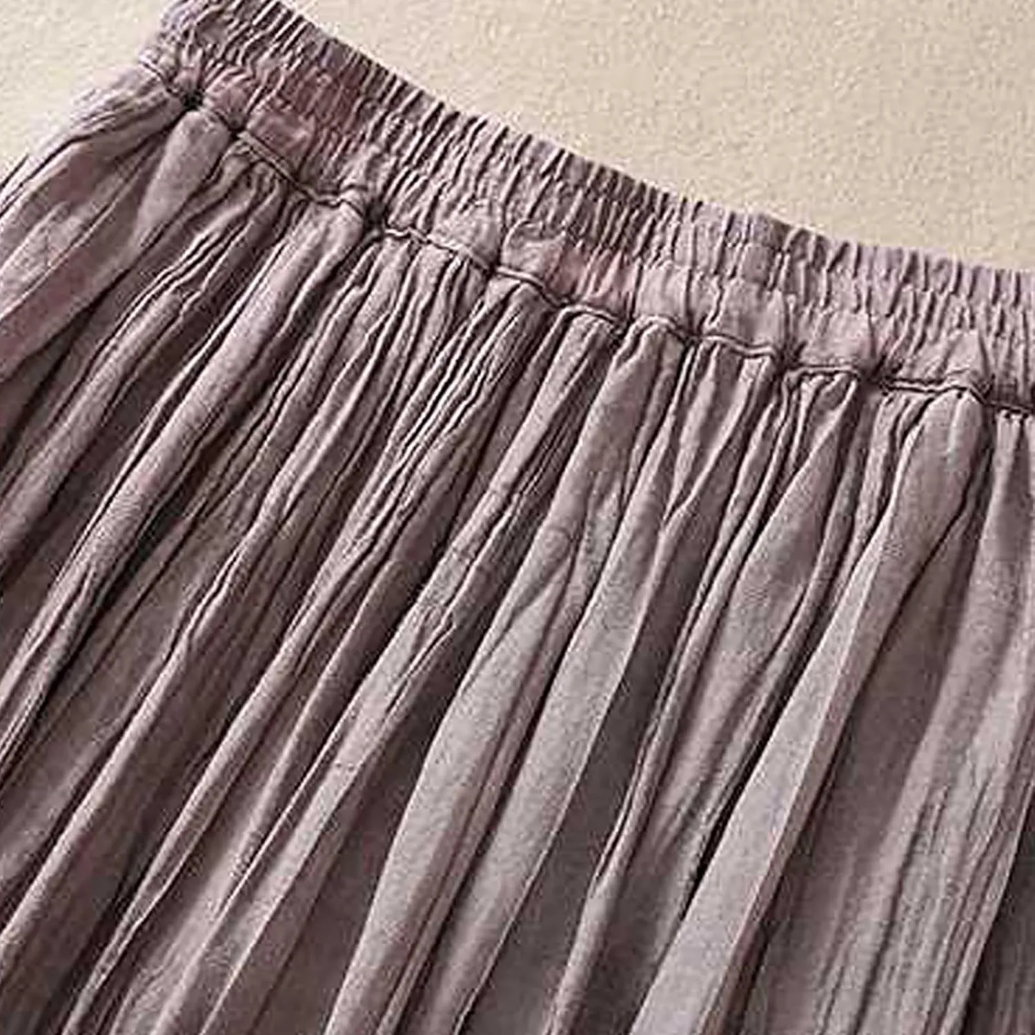 Womens Cotton Linen Skirts Solid Color Casual Pleated Flowy Skirt Lightweight Elastic Waist A-Line Swing Midi Skirts