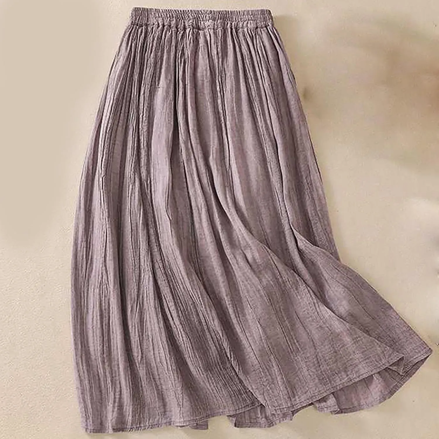 Womens Cotton Linen Skirts Solid Color Casual Pleated Flowy Skirt Lightweight Elastic Waist A-Line Swing Midi Skirts