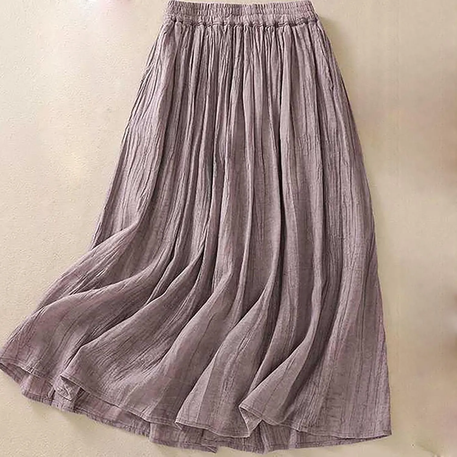 Womens Cotton Linen Skirts Solid Color Casual Pleated Flowy Skirt Lightweight Elastic Waist A-Line Swing Midi Skirts