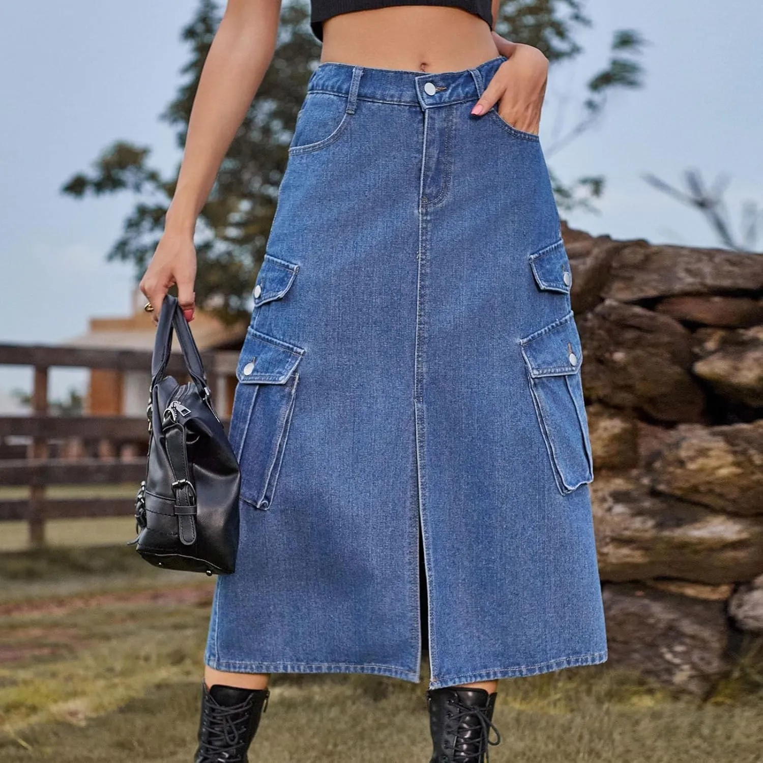 Womens Denim Long Skirts Slit Front Midi Cargo Y2k Casual Jean Skirts High Waisted Denim Jean Skirt with Pockets