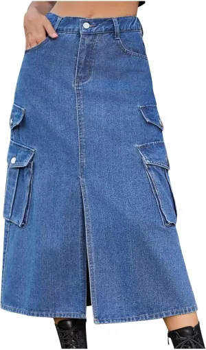 Womens Denim Long Skirts Slit Front Midi Cargo Y2k Casual Jean Skirts High Waisted Denim Jean Skirt with Pockets