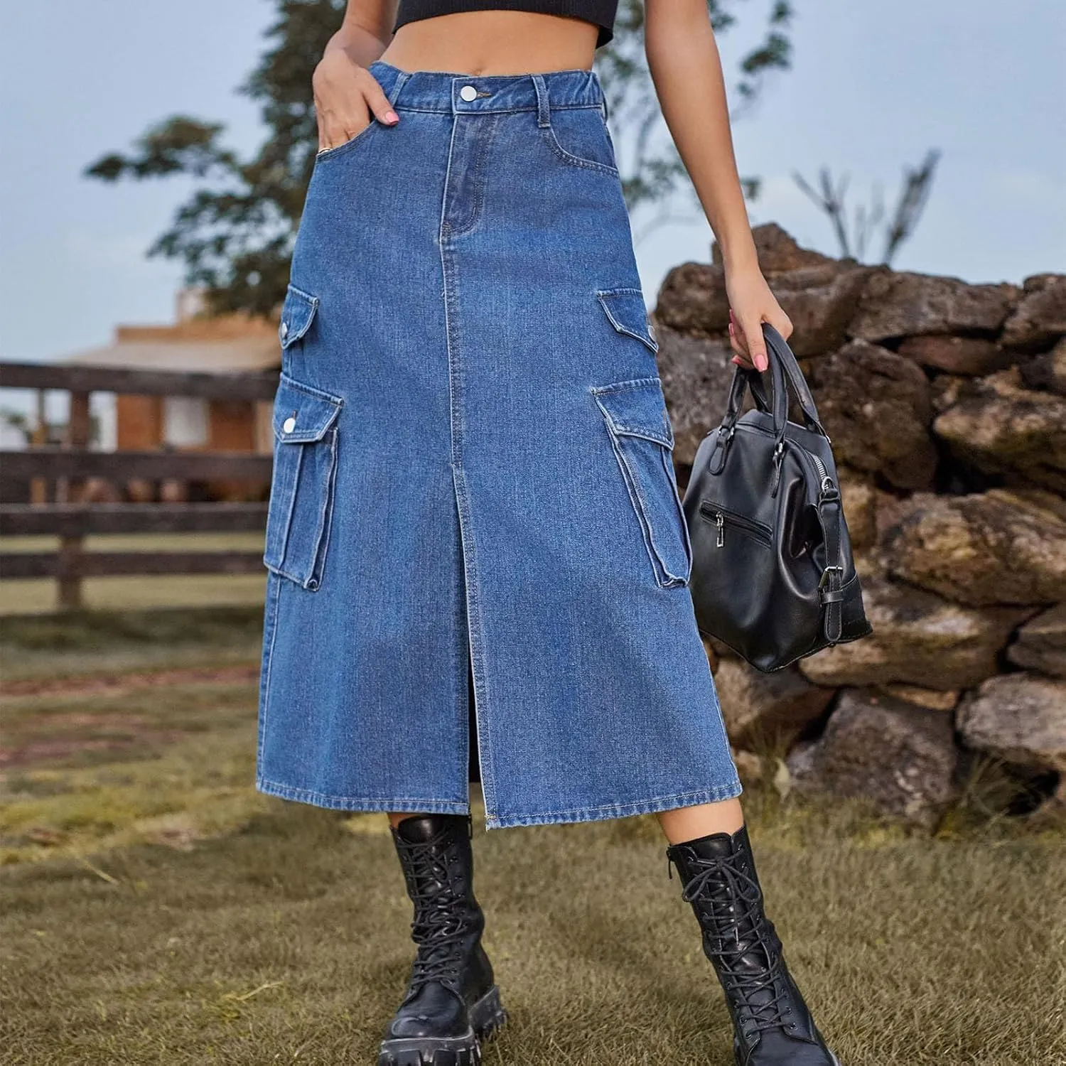 Womens Denim Long Skirts Slit Front Midi Cargo Y2k Casual Jean Skirts High Waisted Denim Jean Skirt with Pockets