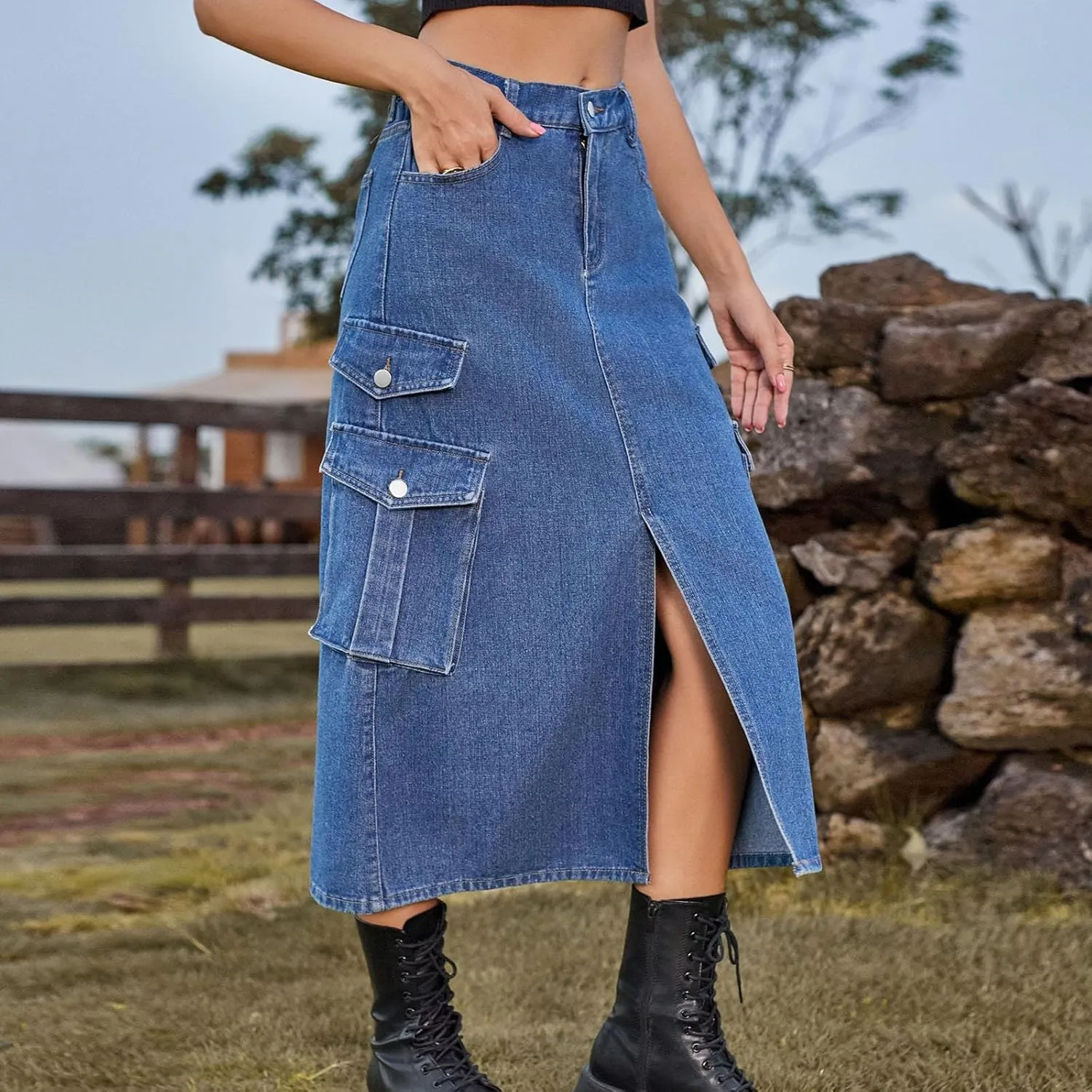 Womens Denim Long Skirts Slit Front Midi Cargo Y2k Casual Jean Skirts High Waisted Denim Jean Skirt with Pockets