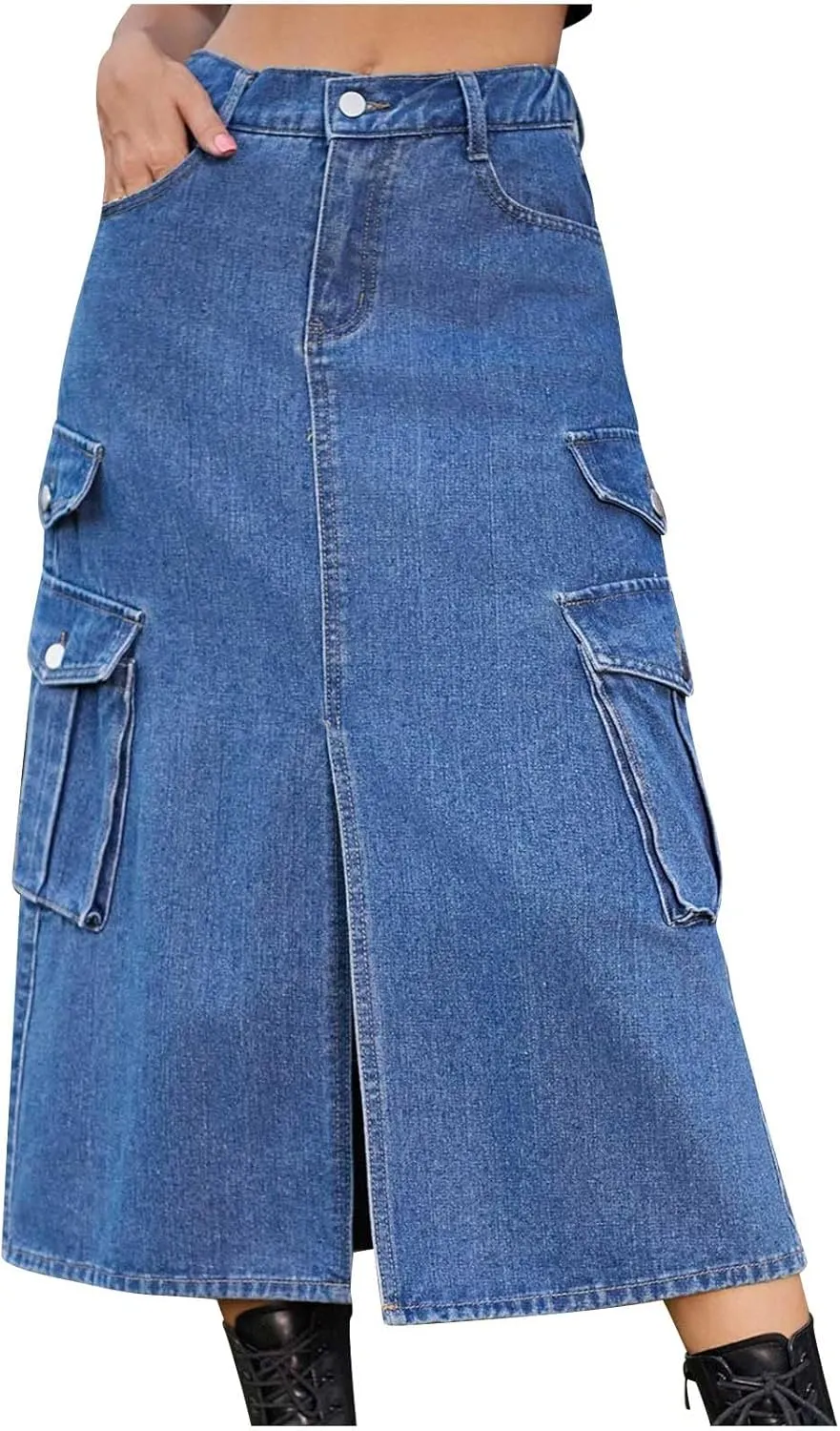 Womens Denim Long Skirts Slit Front Midi Cargo Y2k Casual Jean Skirts High Waisted Denim Jean Skirt with Pockets