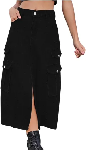 Womens Denim Long Skirts Slit Front Midi Cargo Y2k Casual Jean Skirts High Waisted Denim Jean Skirt with Pockets