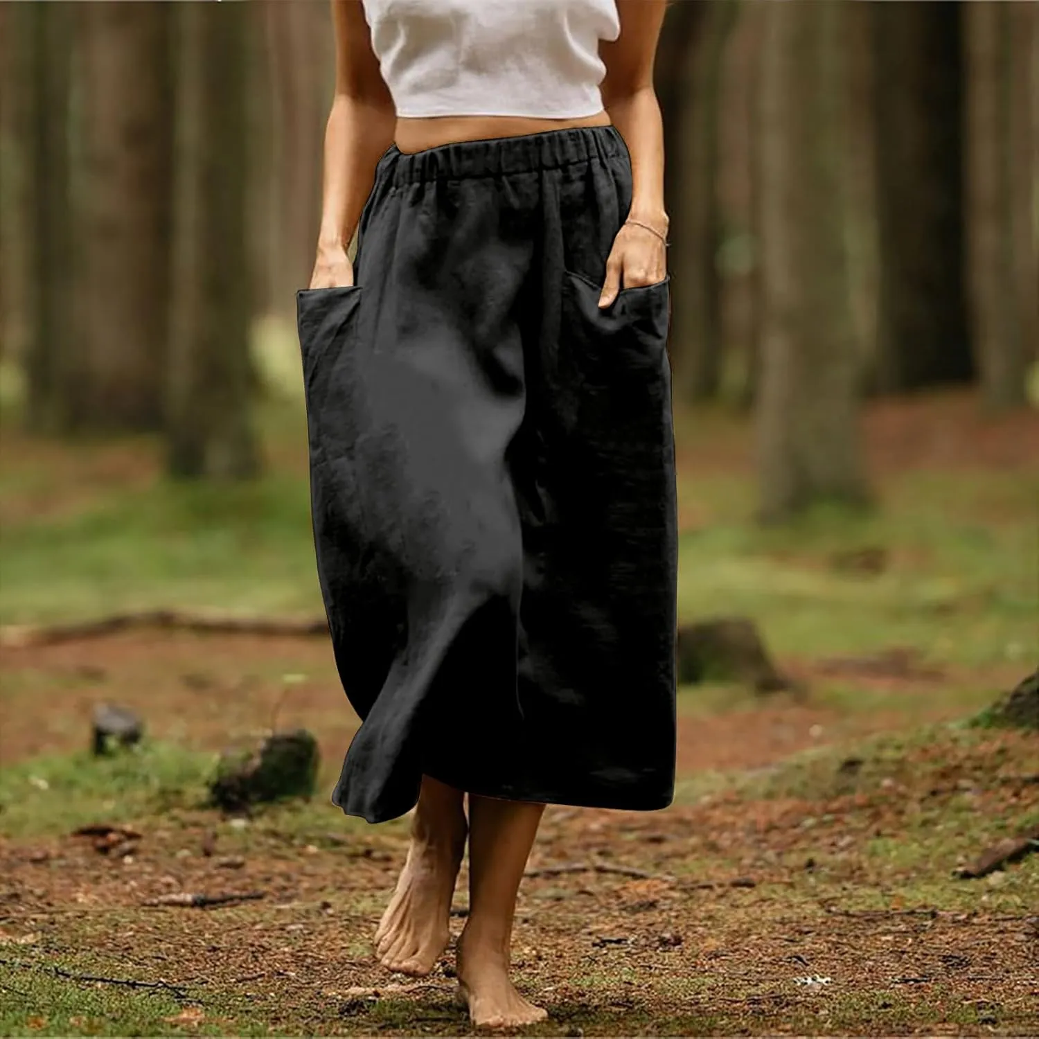 Women's Elastic Waist Straight Pocket Midi Skirts A Line Midi Swing Flared Skirt Casual Solid Beach Skirt Dress