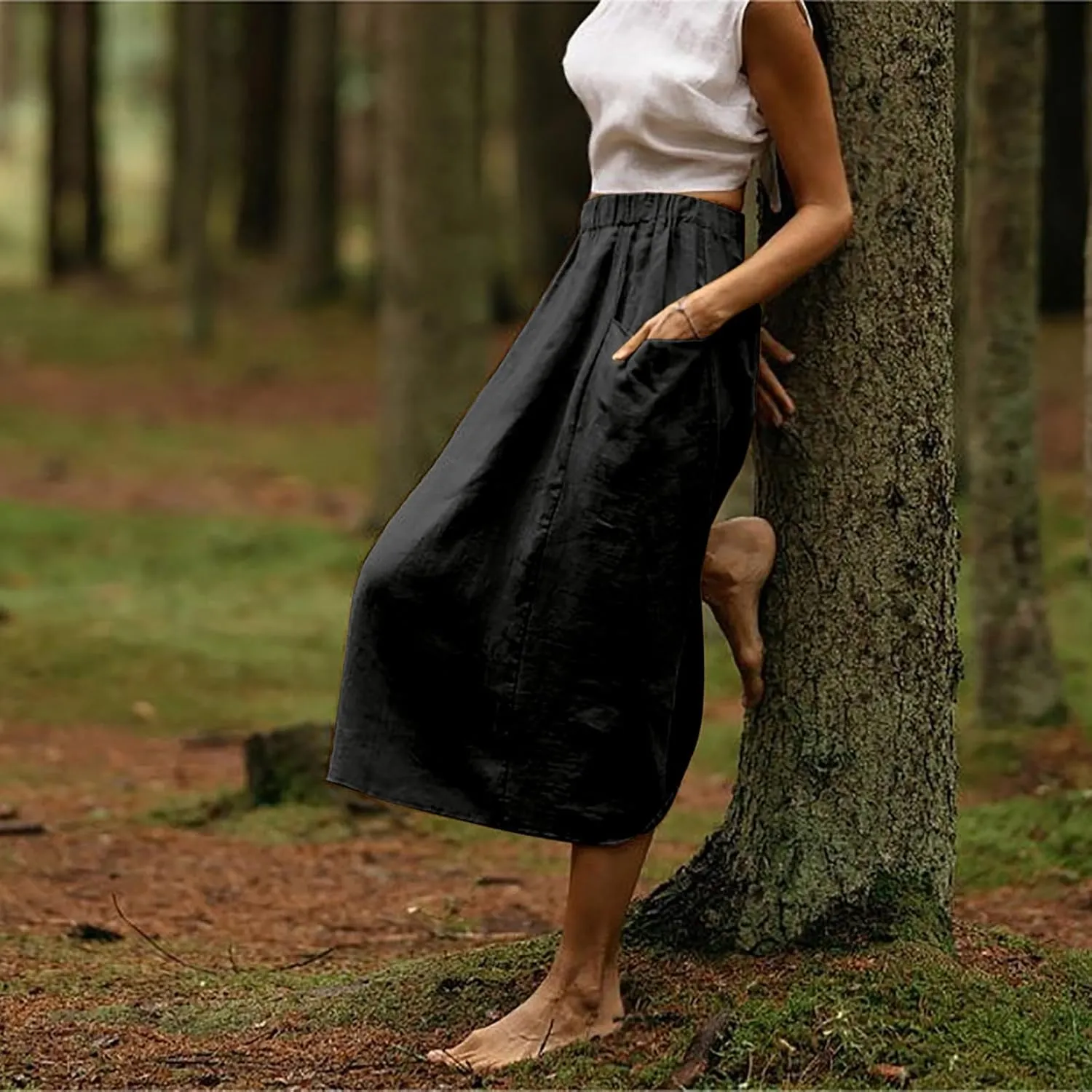 Women's Elastic Waist Straight Pocket Midi Skirts A Line Midi Swing Flared Skirt Casual Solid Beach Skirt Dress