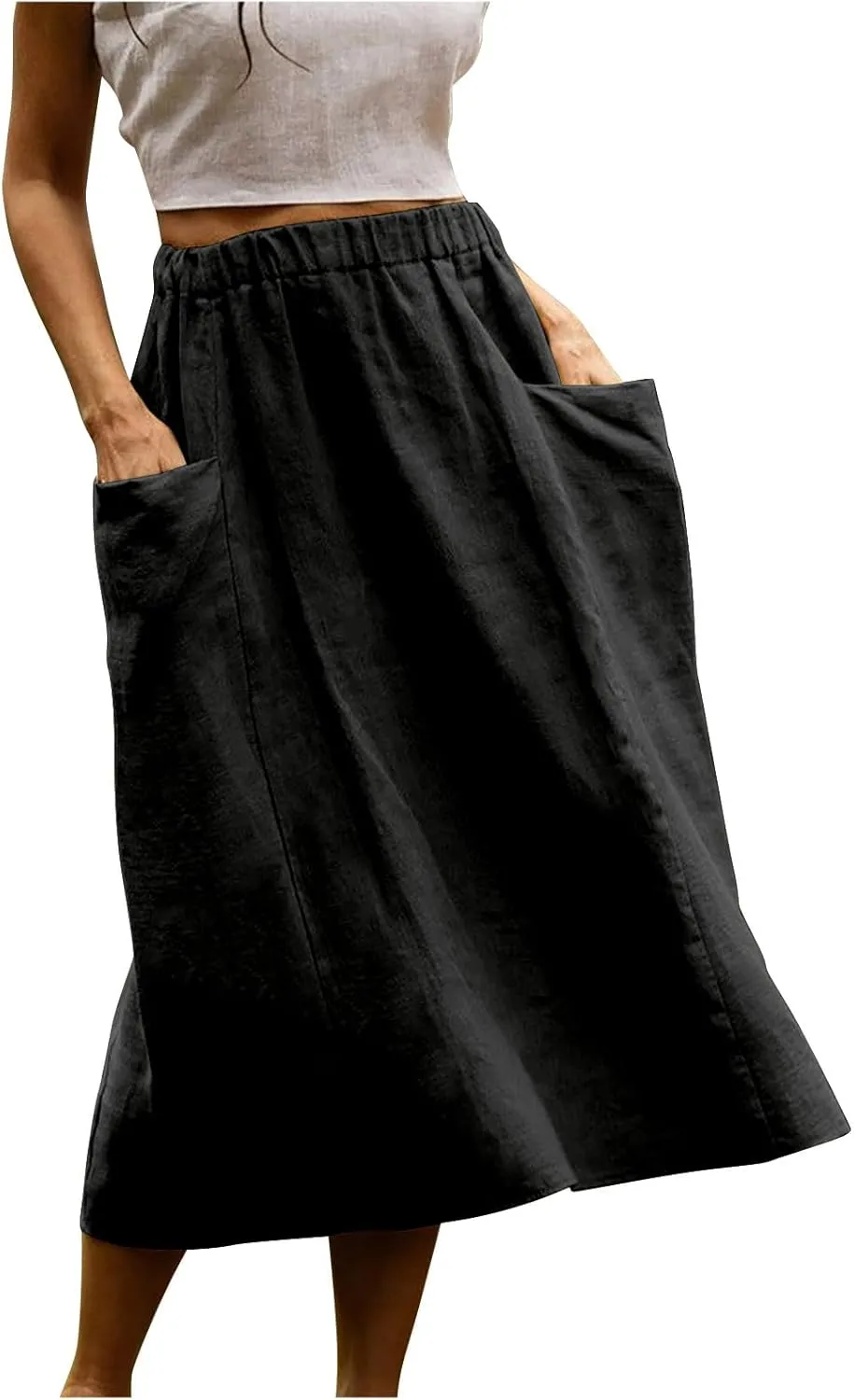 Women's Elastic Waist Straight Pocket Midi Skirts A Line Midi Swing Flared Skirt Casual Solid Beach Skirt Dress