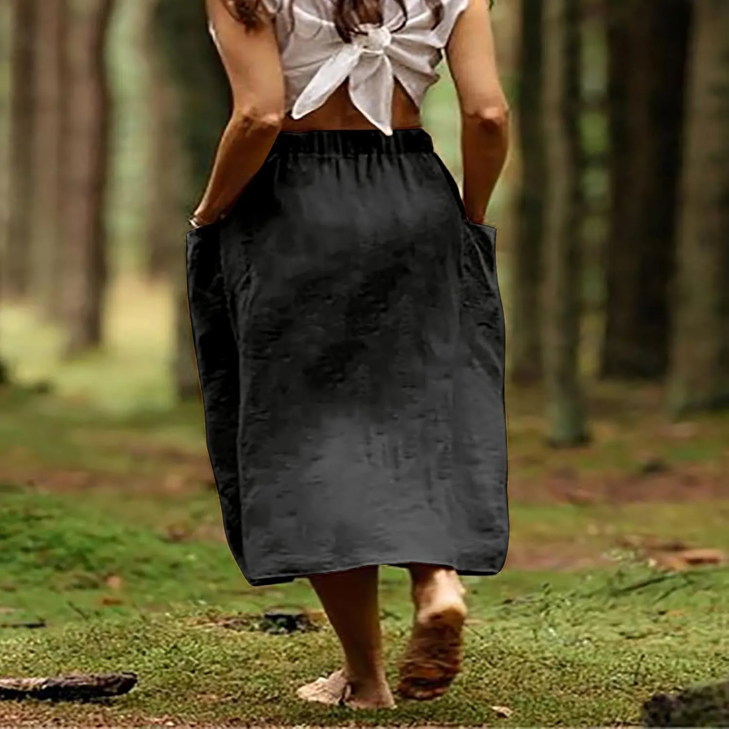 Women's Elastic Waist Straight Pocket Midi Skirts A Line Midi Swing Flared Skirt Casual Solid Beach Skirt Dress