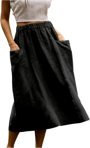 Women's Elastic Waist Straight Pocket Midi Skirts A Line Midi Swing Flared Skirt Casual Solid Beach Skirt Dress