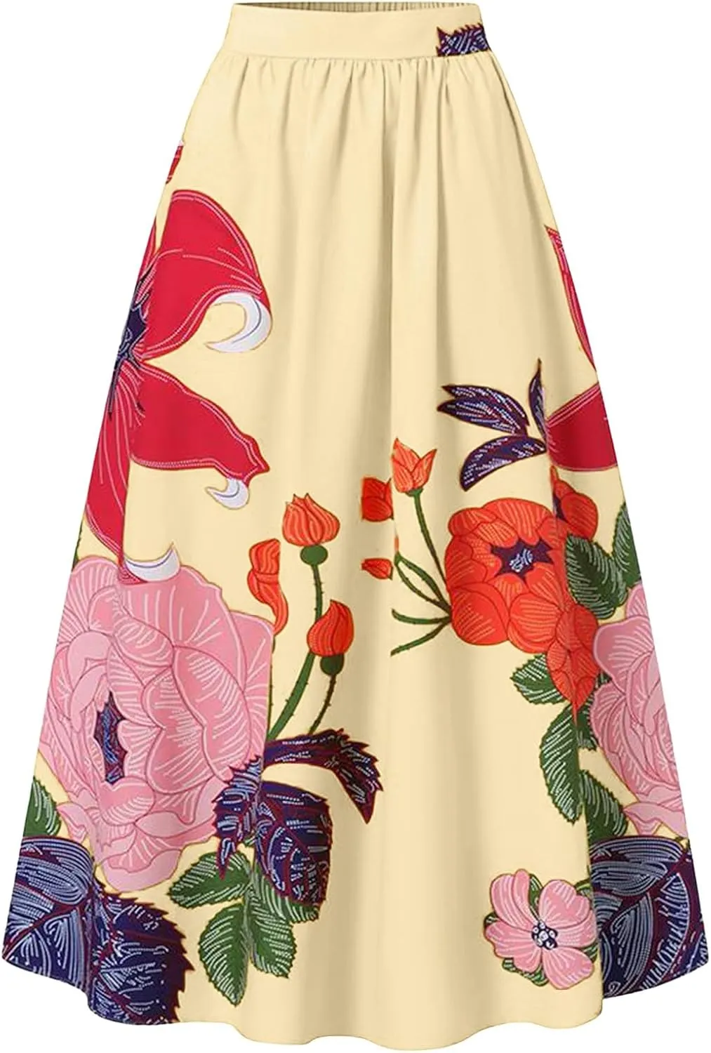 Women's Floral Ruffle Skirts Boho Maxi Skirt Plus Size High Waist Fashion Loose Hem Backless Beach Dresses Pocket