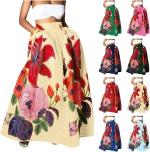 Women's Floral Ruffle Skirts Boho Maxi Skirt Plus Size High Waist Fashion Loose Hem Backless Beach Dresses Pocket