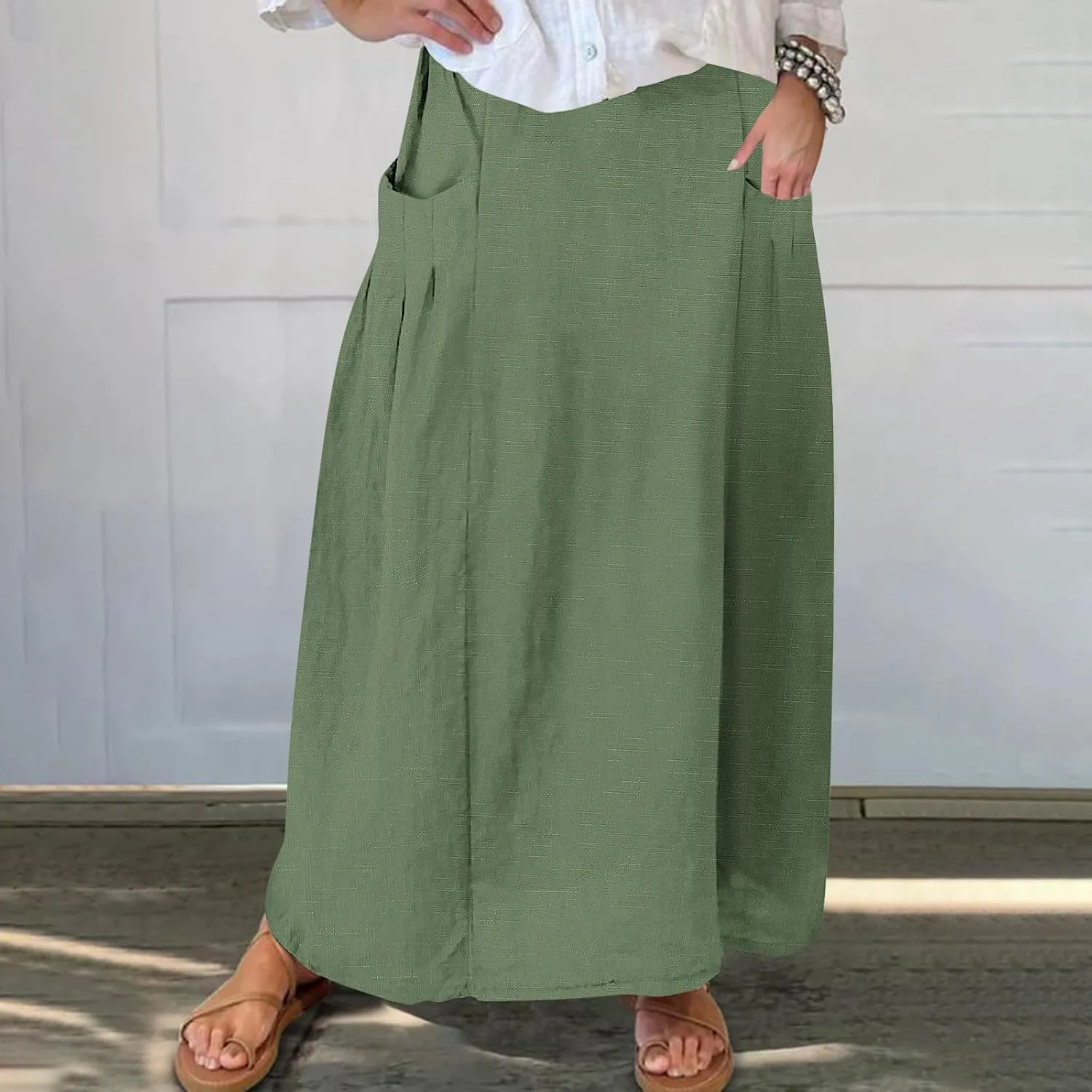 Womens High Waist Maxi Skirts Casual Loose Fit Flowy Swing Pleated A Line Long Skirts Solid Color Skirts with Pocket