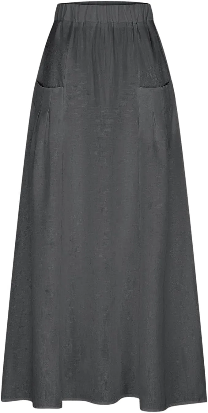 Womens High Waist Maxi Skirts Casual Loose Fit Flowy Swing Pleated A Line Long Skirts Solid Color Skirts with Pocket