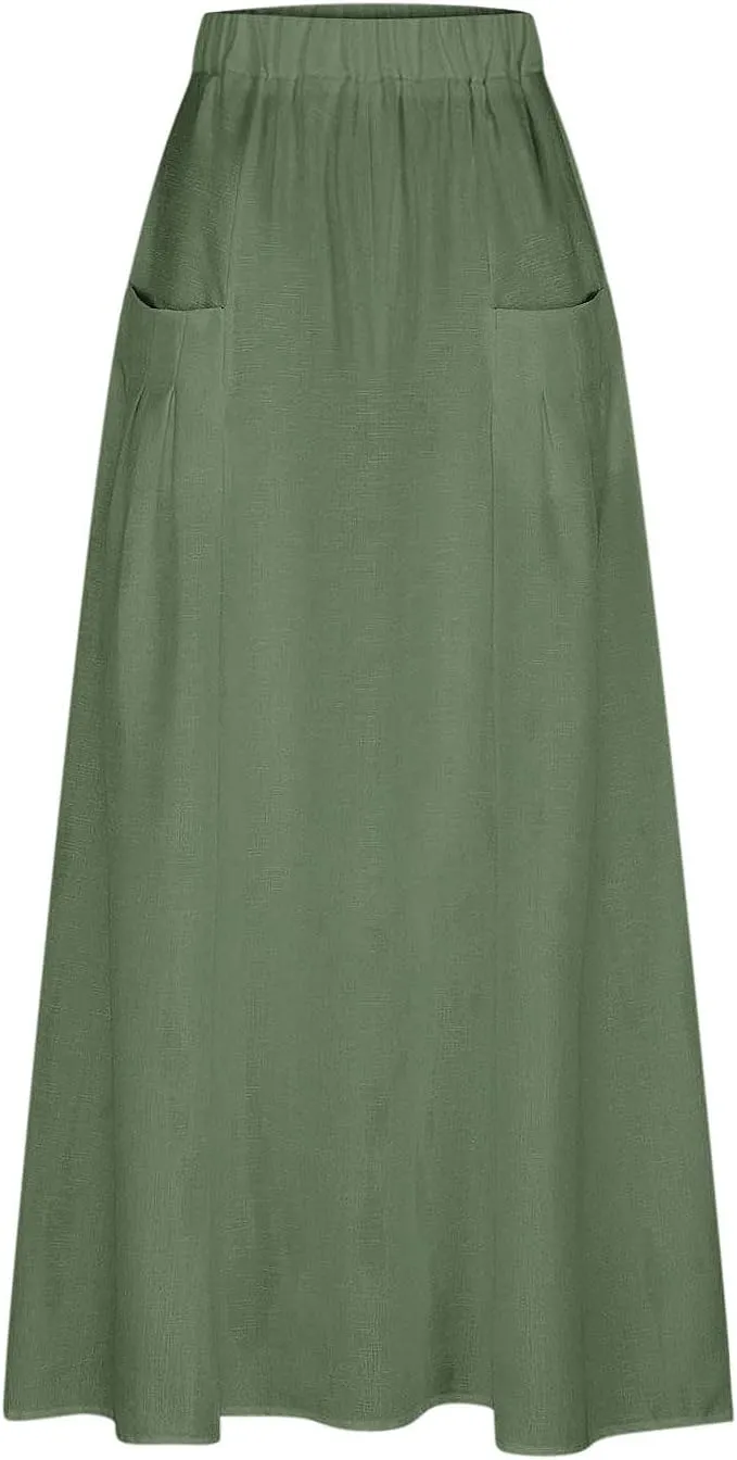 Womens High Waist Maxi Skirts Casual Loose Fit Flowy Swing Pleated A Line Long Skirts Solid Color Skirts with Pocket