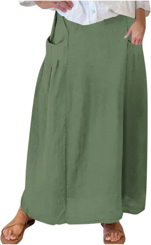 Womens High Waist Maxi Skirts Casual Loose Fit Flowy Swing Pleated A Line Long Skirts Solid Color Skirts with Pocket